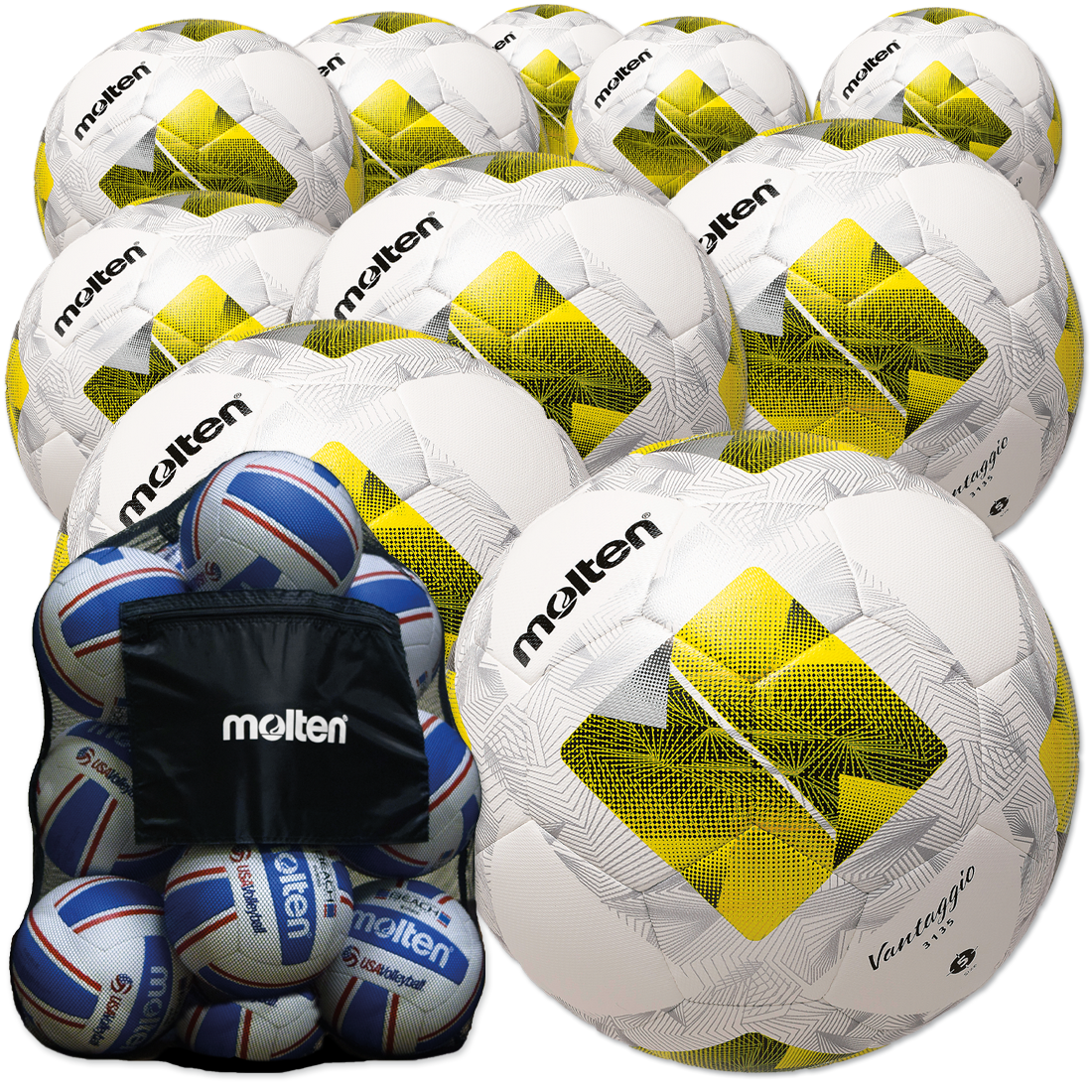 10 Stck. Molten Vantaggio 350g Gr.5 Jugendfußbälle Ballpaket + Ballsack