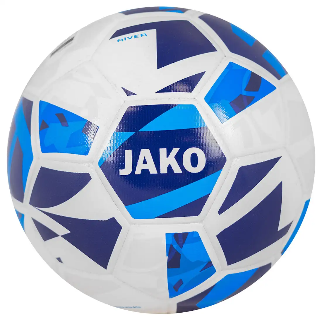 JAKO Trainingsball River 2342 weiß navy – FIFA Basic zertifiziert, 32 Panels, Gummi-Blase, maschinengenäht, Größe 4 & 5