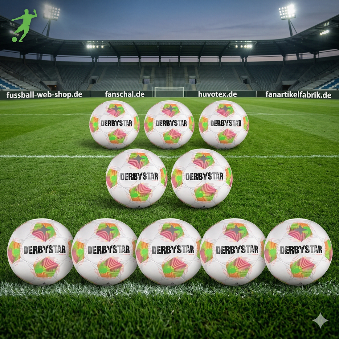 Derbystar Apus S-Light 290 Fußball 10er Ballpaket mit Stadion im Hintergrund